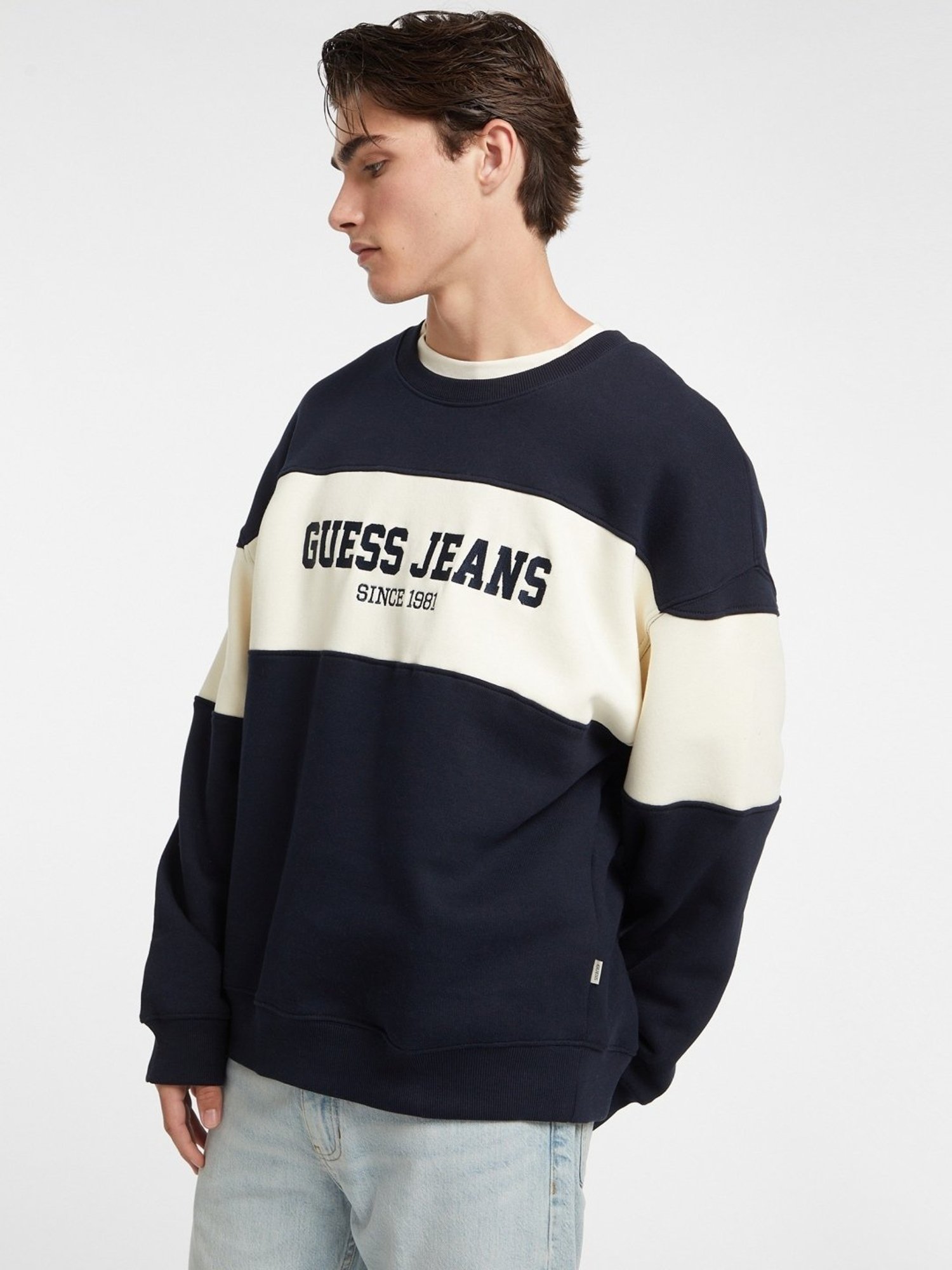 【GUESS JEANS】 Mens Crewneck Sweatshirt Buy Guess Jeans Navy Cotton Relaxed Fit Sweatshirt for Mens