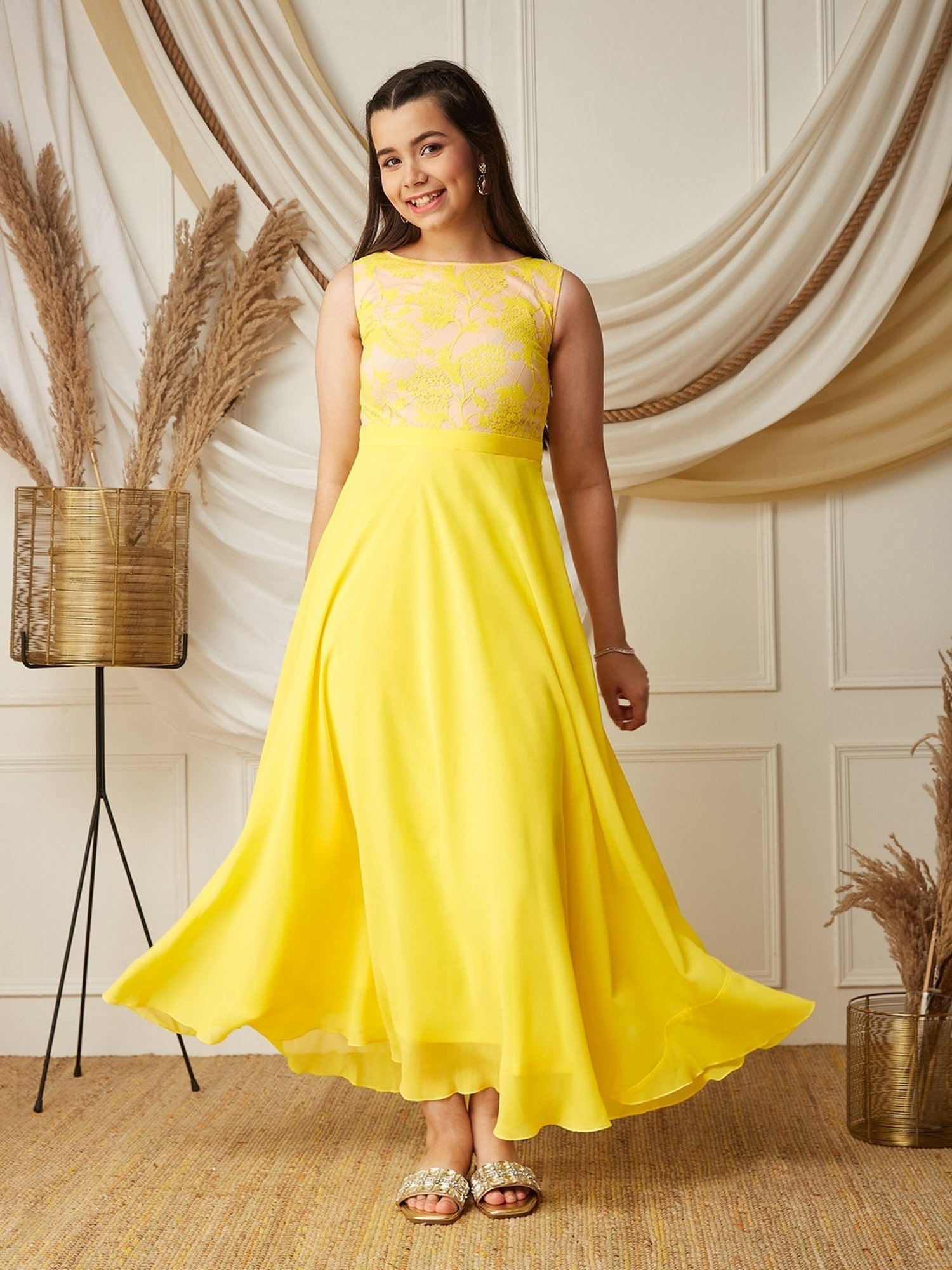 Mizuki Girls Yellow Embroidered Dress