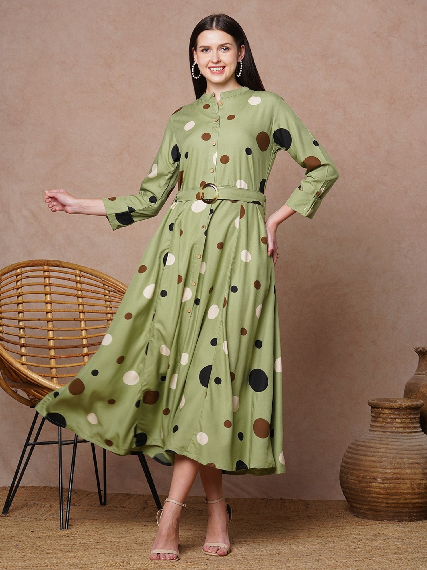 Fashor Green Rayon Polka Dots Dress