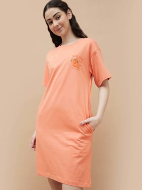 Ginger By Lifestyle Orange Cotton Regular Fit Printed Dress