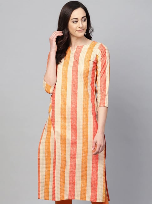 Vaamsi Orange & Beige Cotton Chequered Straight Kurta-picture-10
