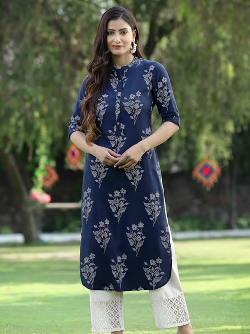 Juniper Indigo Bandhani Printed Rayon Slub Straight Kurta With Buttons-picture-16