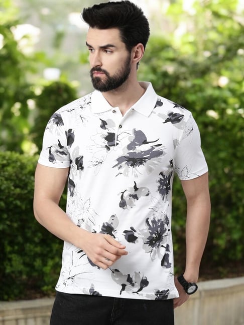 Kryptic White & Black Regular Fit Floral Polo T-Shirt-picture-33