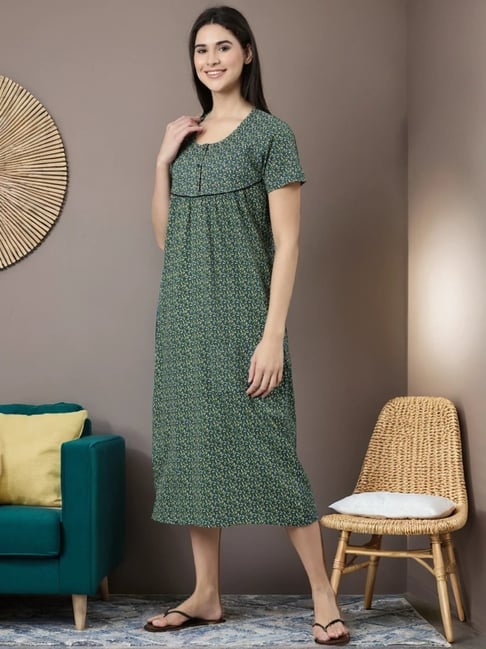 Kryptic Black Printed Pure Cotton Maxi Night Dress