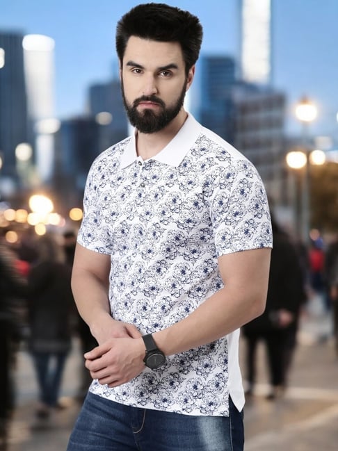 Kryptic White Regular Fit Floral Print Cotton Polo T-Shirt-picture-36
