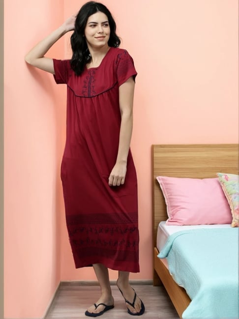 Womens Cotton Printed Half Sleeves Relaxed Fit Maxi Night Dress