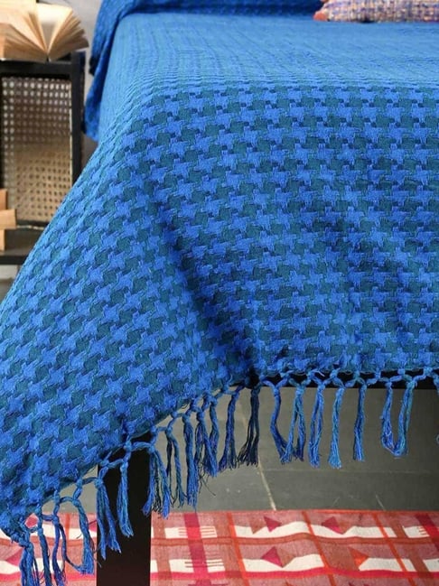 Midnight Blue Houndstooth Pure Cotton Queen Bedcover