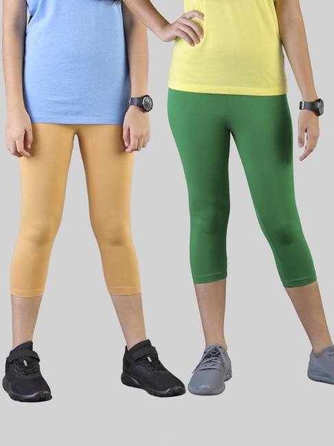 TWIN BIRDS Kids Beige Green Cotton Regular Fit Leggings (Pack of 2)