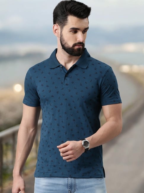 Kryptic Teal Regular Fit Printed Cotton Polo T-Shirt