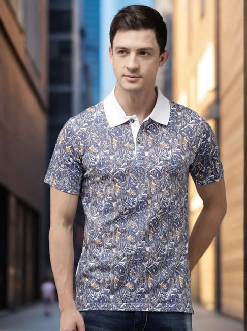 Kryptic White & Blue Regular Fit Printed Cotton Polo T-Shirt-picture-34