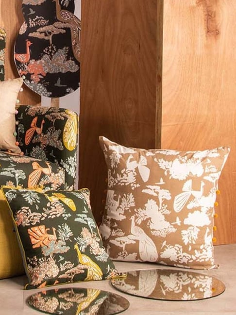 Peacock Shadows Pure Cotton Neutral Cushion Cover 24 X 24 Inches