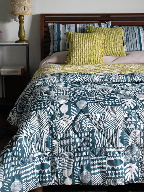 Patchwork Cotton Voile Blue And Lime Double Quilt