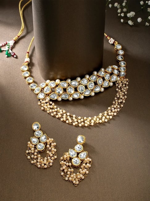 Peora Traditional Gold-Plated Crystal Studded Necklace & Drop Earrings Jewellery Set-picture-13