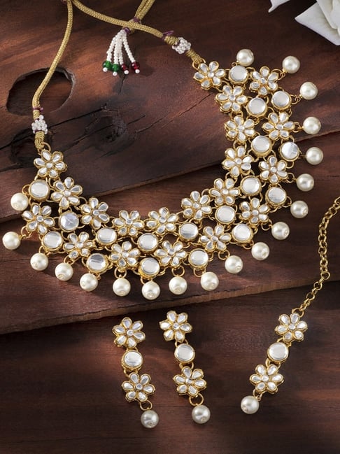 Peora Gold-Plated Flower Kundan Pearl Necklace with Maang Tikka Earring Jewellery Set-picture-37