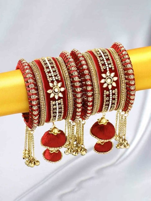Buy Peora Kundan Floral Silk Thread Bangle Set of 10 Online At