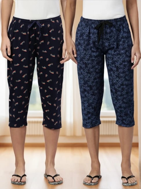Kryptic Navy & Blue Cotton Printed Mid Rise Capris (Pack Of 2)