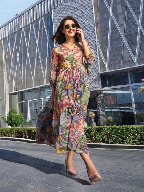 chiffon ethnic dress Women Floral Embroidery Chiffon Mesh Dress Chinese Ethnic Ruffle Loose Long