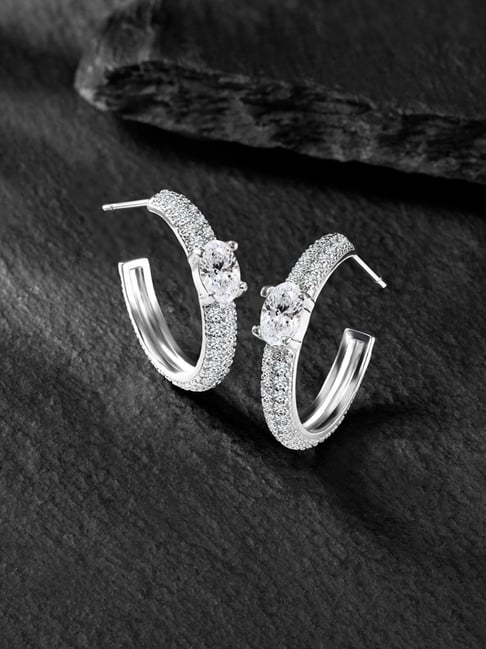 Peora Fancy Silver Roudium-Plated Cubic Zirconia Hoop Earrings