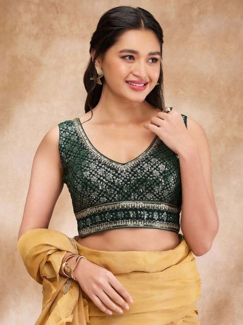 Salwar Studio Green Embellished Blouse With Attached Sleeves