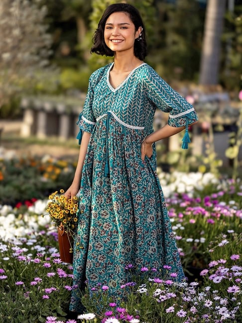 Libas Blue Cotton Floral Print Maxi Dress