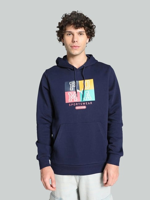 Puma Blue Cotton Relaxed Fit Printed Hooded Sweatshirt