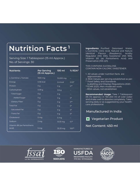 rda l carnitine Nutrabay Pro Liquid L-Carnitine + Vitamin B5 Raspberry Blast Health Suppliment