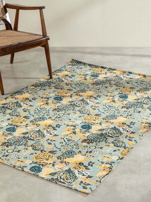 Freedom Tree Damask Rose Cotton Grey & Mint Printed Rug - 4 X 6 FT