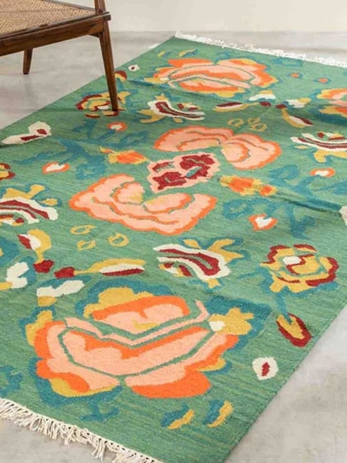 Freedom Tree Rose Bagh Cotton & Wool Green Lush Woven Rug - 5 X 8 FT