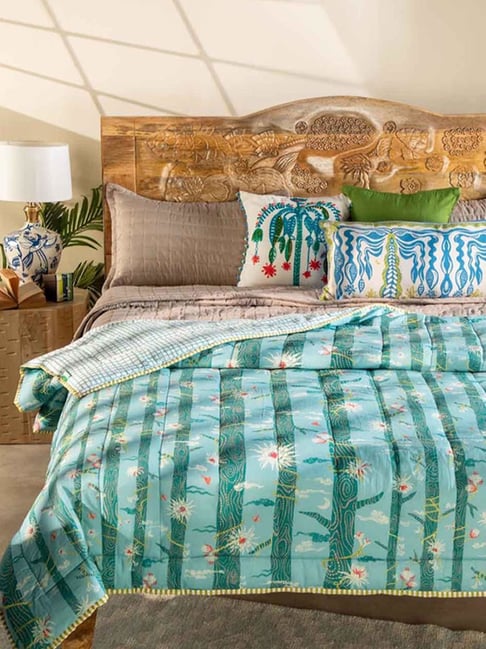 Freedom Tree Brahmakamal Cotton Aqua Blue Double Quilt