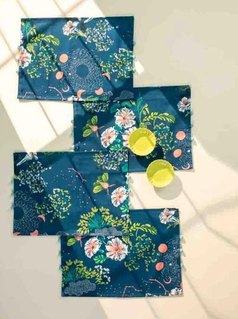 Freedom Tree Moonflower Cotton Moonlit Blue Table Mat -Set Of 4