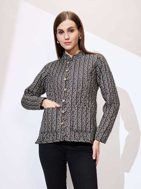 Globus Black Cotton Relaxed Fit Print Shrug