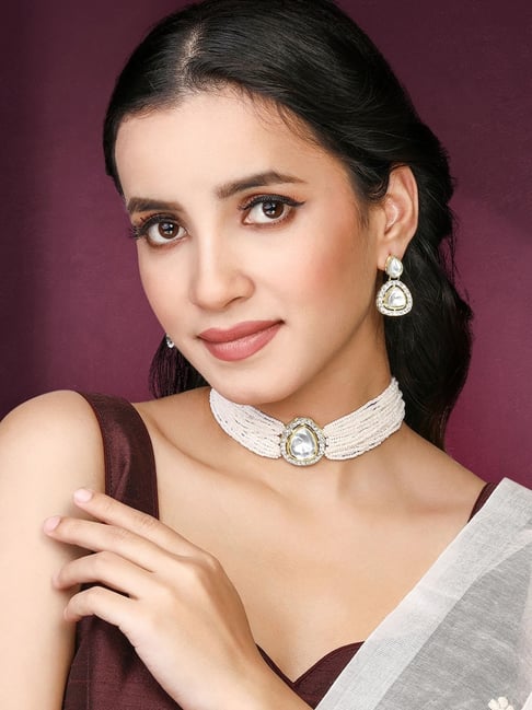 Buy Peora White Cubic Zirconia Crystal Beads Necklace Earrings Set