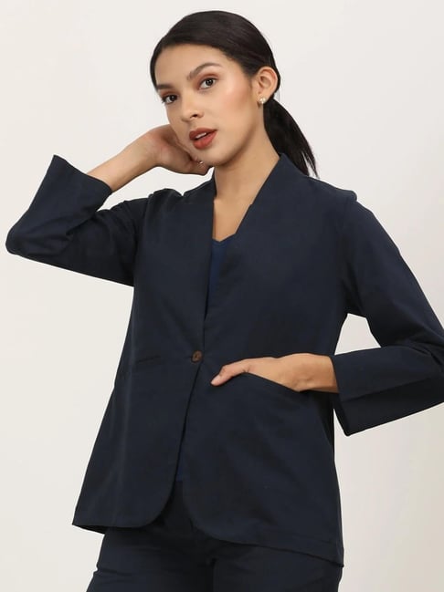 Saltpetre Navy Blue Cotton Twill Relaxed Fit Blazer