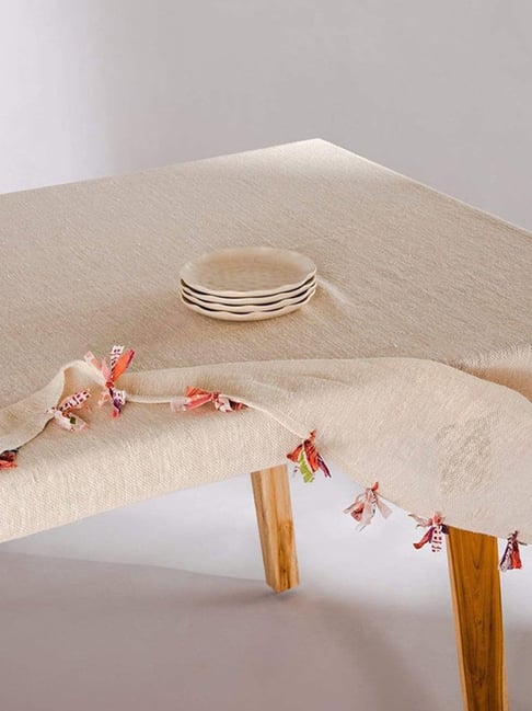 Freedom Tree Solid Beige Woven Cotton Table Cloth-image-47
