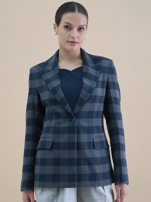 Powersutra Navy Blue Cotton Regular Fit Checked Blazer-picture-19