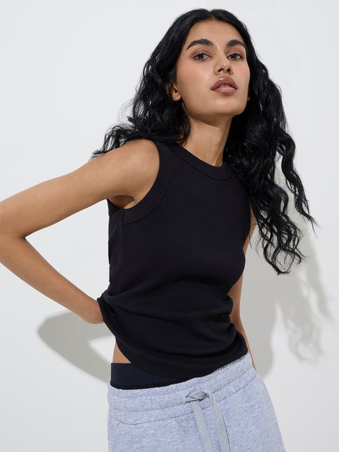 Superstar by Westside Black Ribbed-Textured Cotton-Blend Tank Top-picture-31