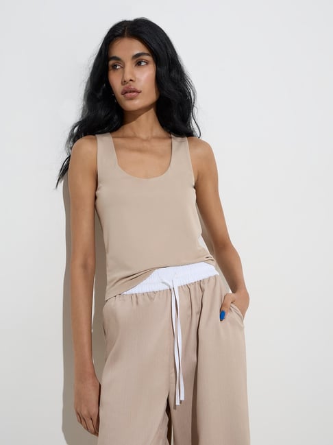 Nuon by Westside Beige Solid Tank Top