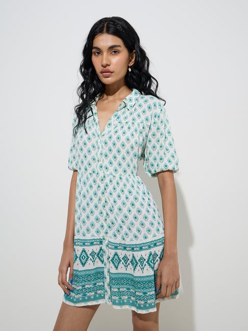Bombay Paisley by Westside Teal Ikat Design Shirt Dress