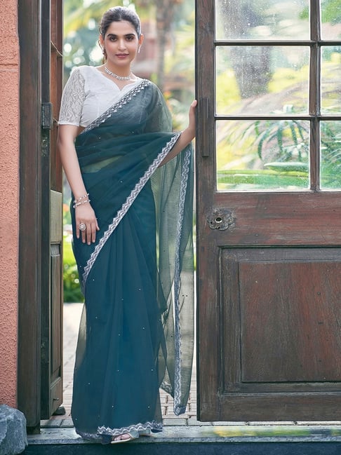 Satrani Blue Net Solid Saree With Unstitched Blouse-picture-13