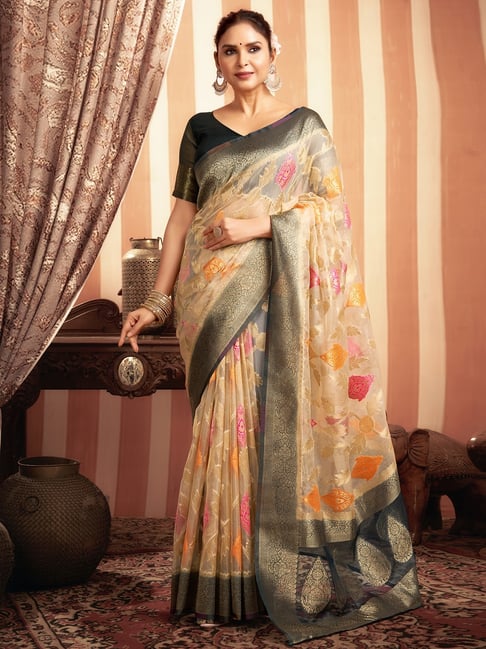 Satrani Beige Organza Woven Saree With Unstitched Blouse-picture-32