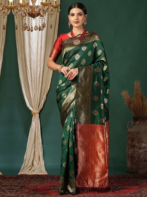 Satrani Green Silk Blend Woven Saree With Unstitched Blouse-picture-32