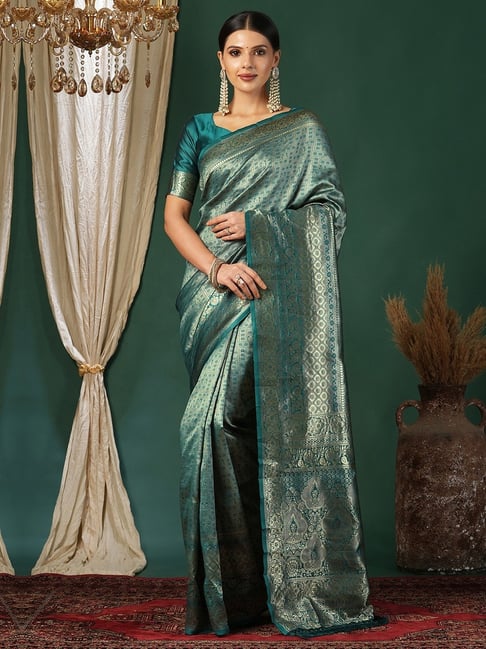 Satrani Green Silk Blend Woven Saree With Unstitched Blouse-picture-27
