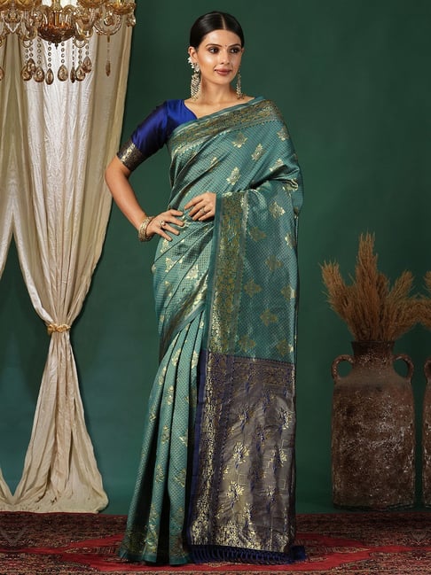 Satrani Green Silk Blend Woven Saree With Unstitched Blouse-picture-17