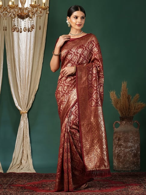 Satrani Maroon Silk Blend Woven Saree With Unstitched Blouse-picture-18