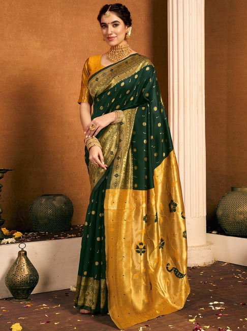 Satrani Green Silk Woven Saree With Unstitched Blouse-picture-25