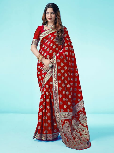 Satrani Red Art Silk Woven Saree With Unstitched Blouse-picture-10