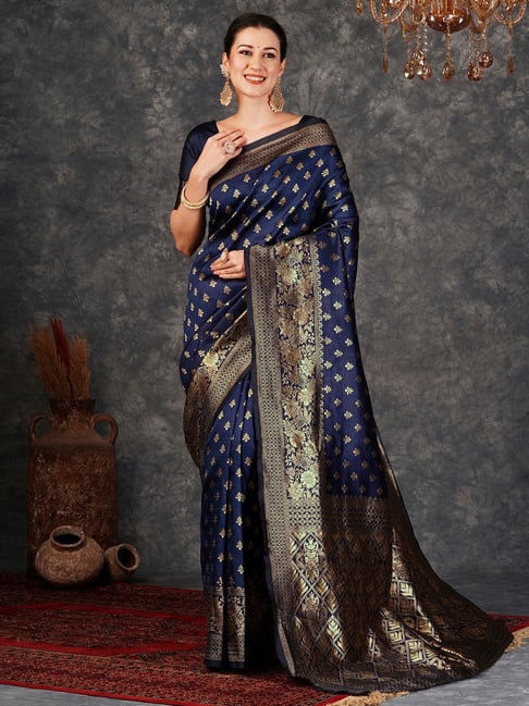 Satrani Navy Blue Art Silk Woven Saree With Unstitched Blouse-picture-31
