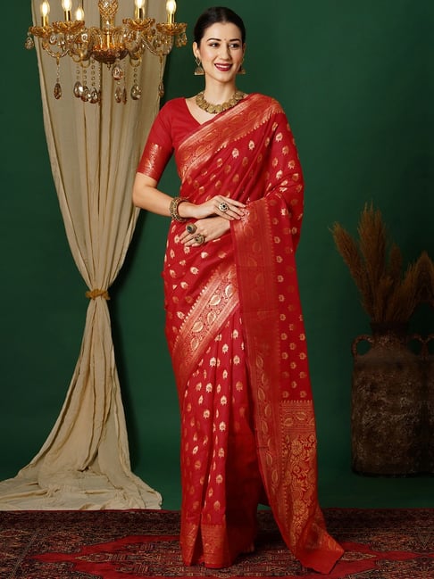 Satrani Red Art Silk Woven Saree With Unstitched Blouse-picture-45