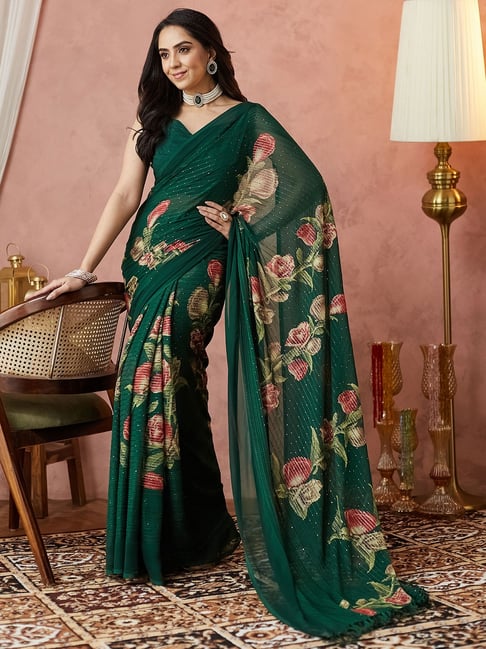 Satrani Green Georgette Embellished Saree With Unstitched Blouse-picture-38