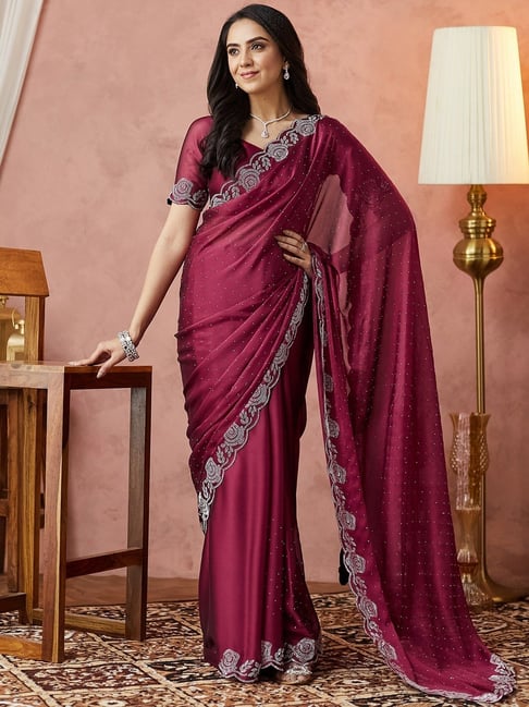 Satrani Wine Georgette Embellished Saree With Unstitched Blouse-picture-26